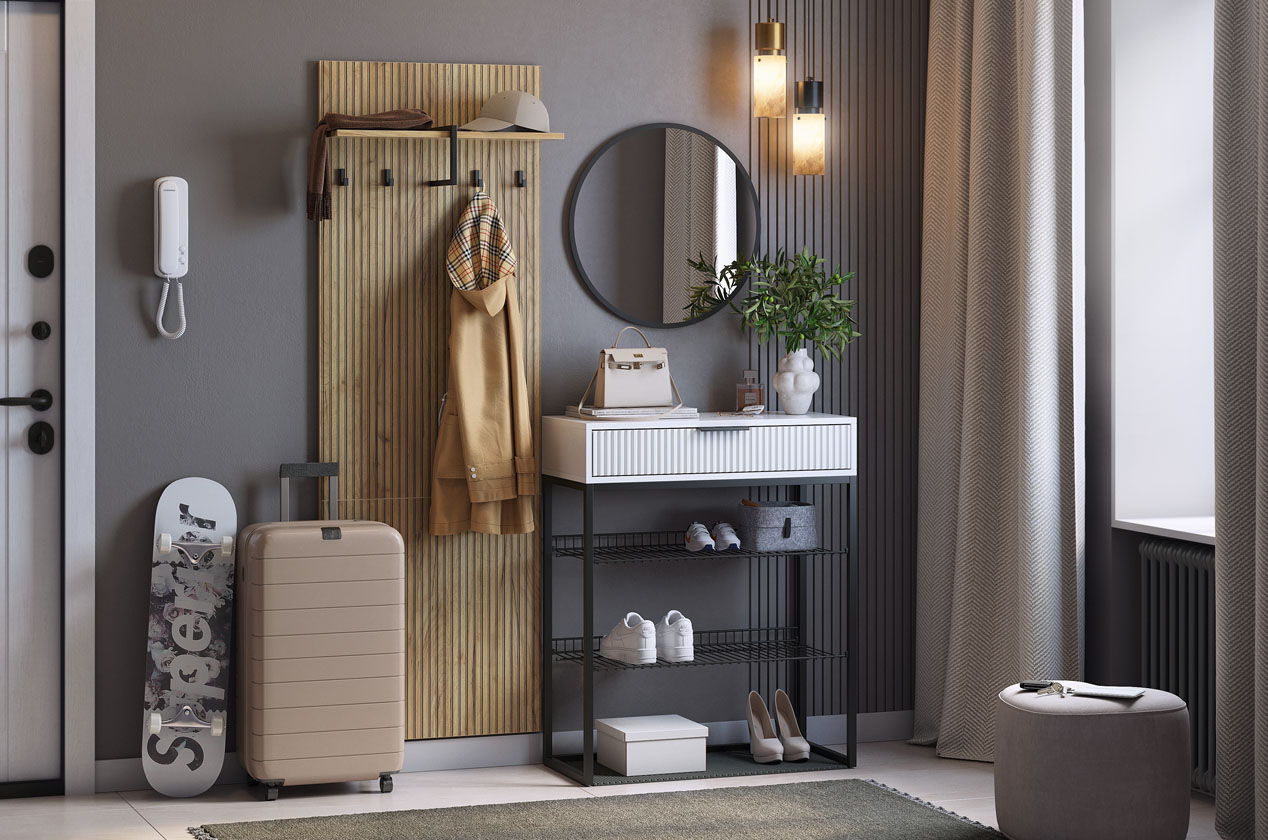 Прихожая "Мебельсон К1" (1350х334х1750) (дуб крафт золотой/белое дерево/черный муар/черный)