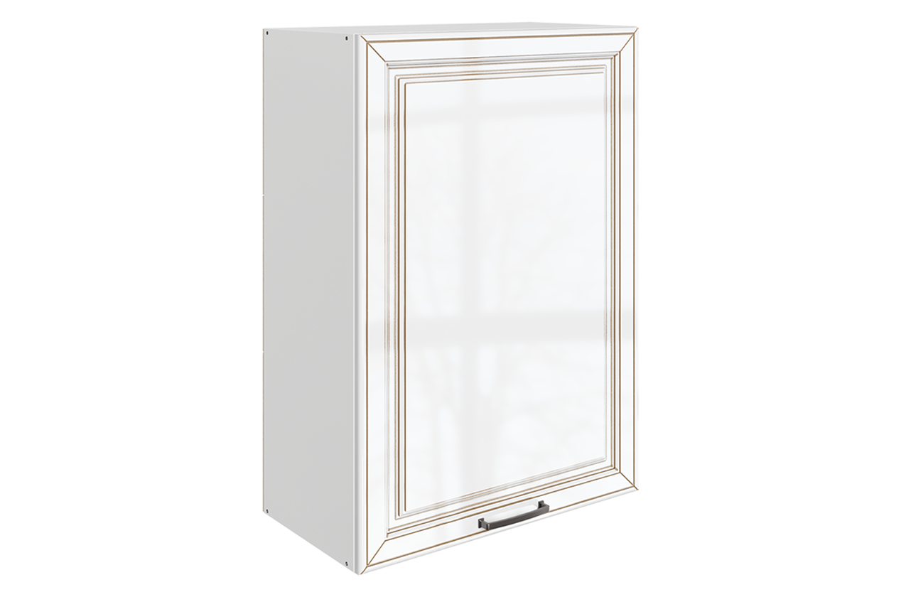 Атланта Шкаф навесной L600 Н900 (1 дв. гл.) (эмаль) (белый/белый глянец патина золото)