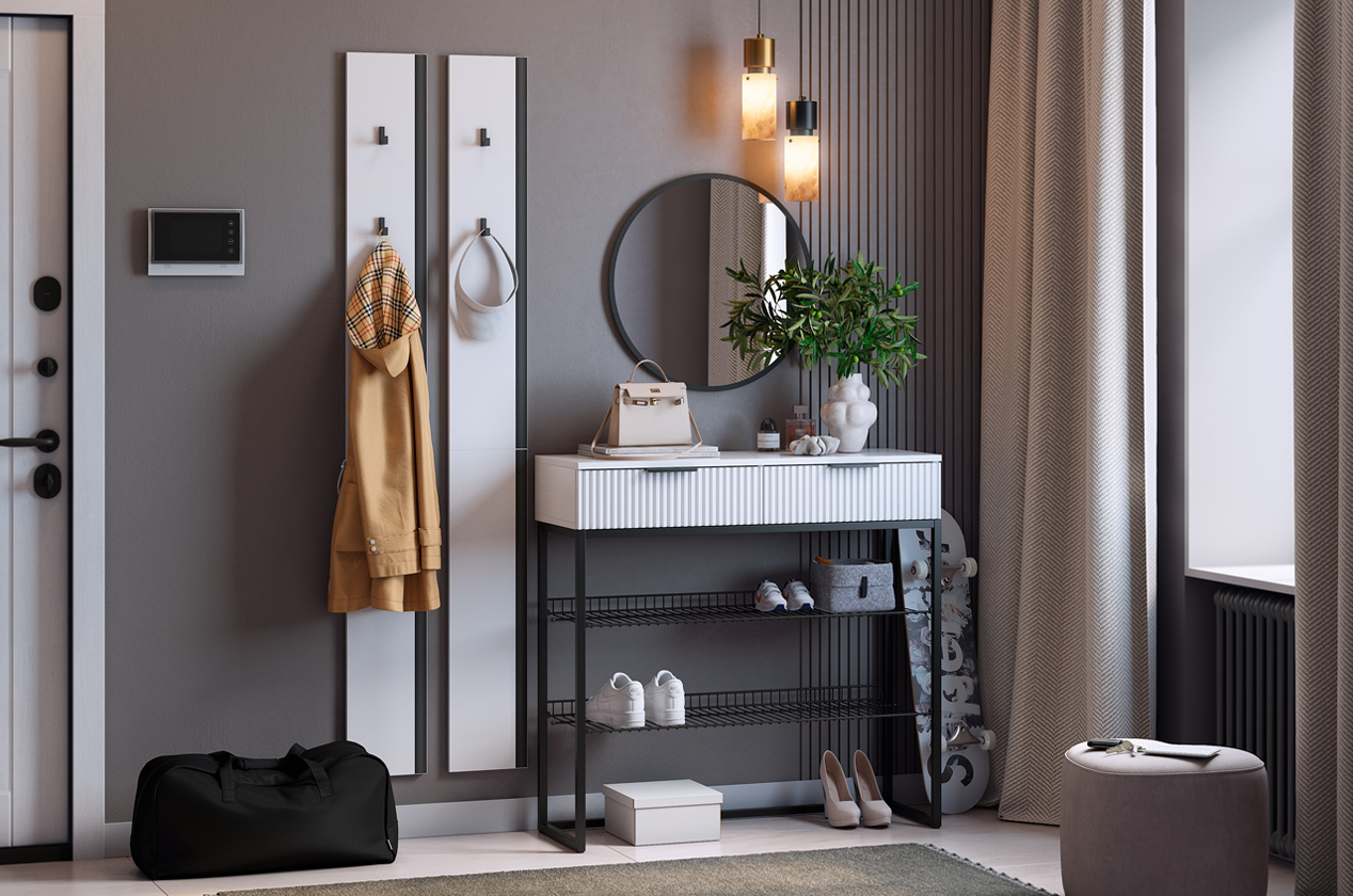 Прихожая "Мебельсон К20" (1502х335х1750) (белое дерево/черный муар/черный)