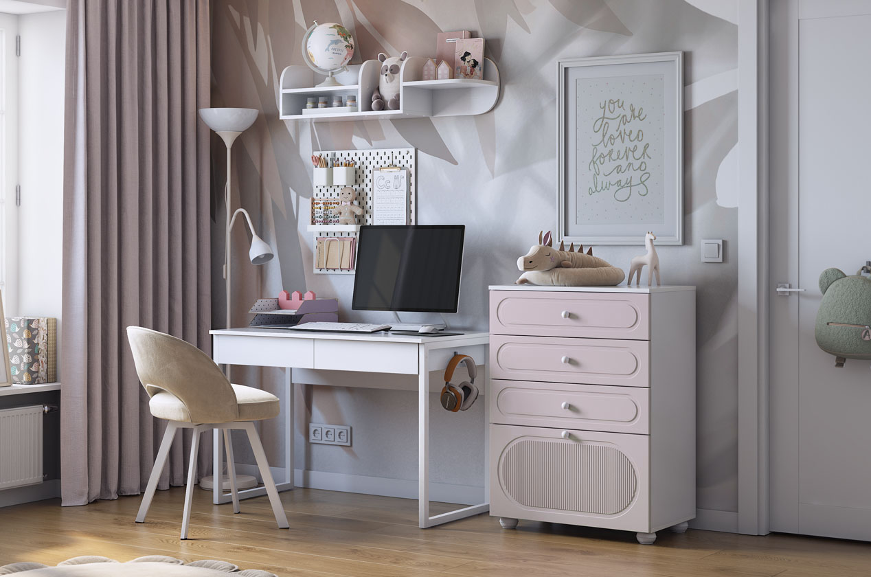 Домашний офис "Милана К1" (белое дерево/сакура/белый муар)