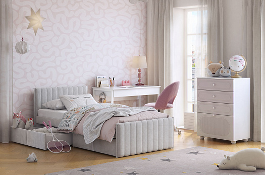 Набор детской мебели "Милана К3" (белое дерево/сакура/белый муар/галька (велюр))
