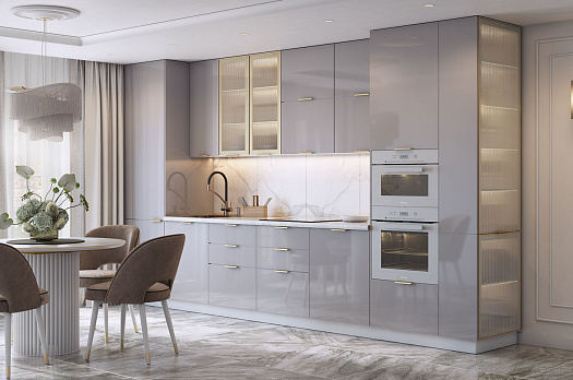Кухонный гарнитур 14 (ширина 391х60х232,1 см) (белый/дымчатый глянец/золото матовое/бесцветное мору)