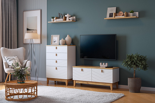 Гостиная "Хюгге К2" (1900х420х1460 мм) (белое дерево/дуб крафт золотой/белый матовый)