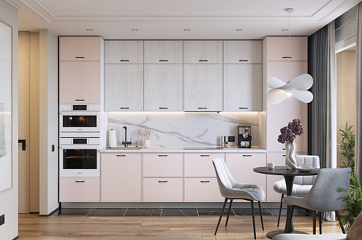 Кухонный гарнитур 7 "Монако" (ширина 360 см) (белый/айвори матовый/дуб белый матовый)