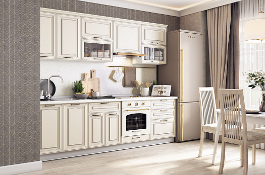 Кухонный гарнитур 2 "Атланта" с карнизом (ширина 260 см) (белый/сливки патина платина/сливки патина платина)