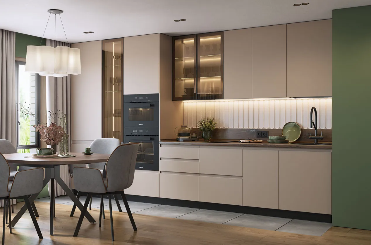 Кухонный гарнитур 11 (ширина 387х60х232,1 см) (белый/кофейный/черный муар/зеркальная бронза)