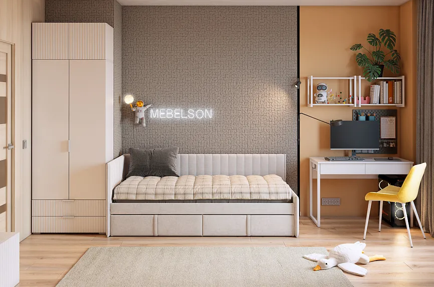 Набор детской мебели "Зефир К8" (4015х1000х2300) (белое дерево/белый (эмаль)/галька (велюр))