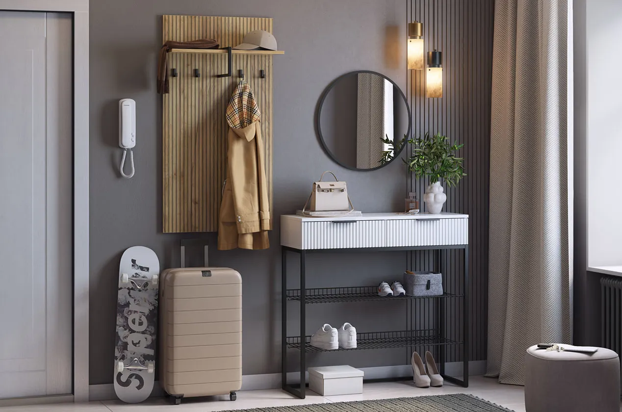 Прихожая "Мебельсон К16" (1552х335х1750) (дуб крафт золотой/белое дерево/черный муар/черный)